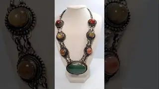 Large Silver Tone Agate Marble Cabochon Necklace THE TURTLE SHELL Email to Buy #Agate #jewelry