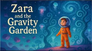 Zara landed her spaceship on a glowing moon, where purple rocks floated gently and the sky swirled l