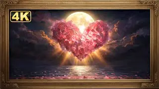 The Heart of the Moon | Floating Floral Heart & Moon Oil Painting |Valentine's Frame TV Art 4K