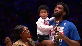 Joel Embiid and his son during his MVP speech 🥹