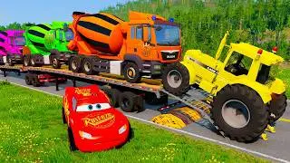 TRANSPORTING PIXAR CARS & FRUITS WITH COLORED & JOHN DEERE vs CLAAS vs TRACTORS - BeamNG.drive #983
