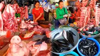 Pork Cutting Technique. Pork, Fish, Cambodian Market. Street Food Mixed Market