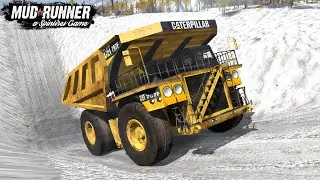 Spintires MudRunner CATERPILLAR Giant Dump Truck Slides Uphill With An Icy Road