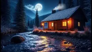 Full moon winter cabin by creek ambiance
