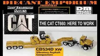 Распаковка и обзор трактора Diecast Masters Cat CT660 с низкорамным шасси XL 120 HDG и катком Cat CB534D XW
