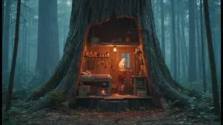 Building a house in the forest (ASMR) &ndash; Off Grid Cabin built inside a giant tree trunk