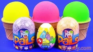 Surprise Toys Kinder Joy Surprise Eggs in 3 Ice Cream Cups of Color Kinetic Sand and Play Foam Toys