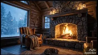 Cozy Winter Cabin Ambience, Crackling Fireplace & Snowstorm | Relaxing Jazz (4K UHD)