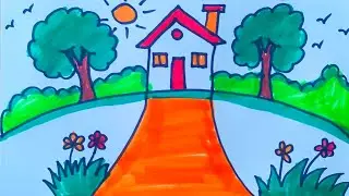 How to Draw a Village with Sun | Easy Village Scenery Drawing Step by Step