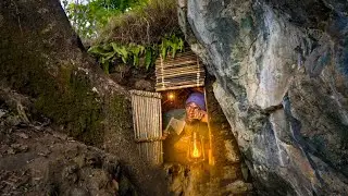 Building  Hidden Dugout Shelter Under a Rock, ASMR (Solo Overnight Survival)