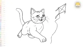 A Cat playing with kite drawing easy | Animal art sketches | How to draw A Cat step by step simply