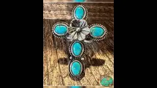Western Boho Hippie Ring, Floral Cross Turquoise Gemstone Cuff Ring, Gift Box
