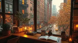 Rainy Autumn Jazz Vibes 🌧️ Coffee Shop Window with Candlelight, Croissant & Relaxing Piano Ambience
