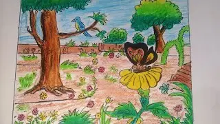 How to draw garden scenery | step  by  step | oil pastel drawing | easy drawing