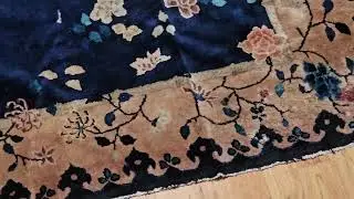 Vintage Chinese Art Deco rug with floral motifs in navy, taupe, ivory, @thepersianknot , SKU 2288