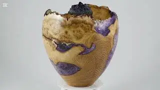 Large handmade Black Locust Burl urn with purple mineral inlay and Amethyst on top