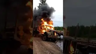 Burning Logging Truck Drives Itself Into The River!