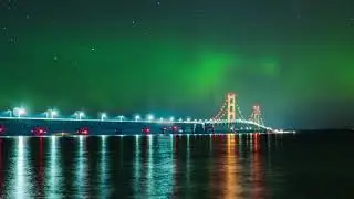 Northern Lights over Michigan's Mackinac Bridge