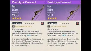 Prototype Crescent weapon appearance base vs. ascended in Genshin Impact