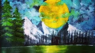 (Moonlight Waterfall Scenery) рисунок для начинающих с помощью акриловой живописи .