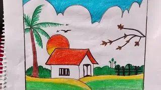 Natural scenery of village drawing easily done for kids 🩵 #video #drawing 