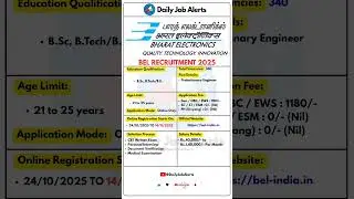 BEL Recruitment 2025 | New Vacancy 2025 | Daily Job Alerts #shorts