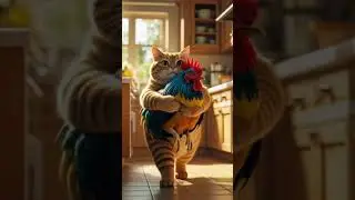 Funny orange cat and a rooster. #shorts #cat #ai #funny #shortsfeed #orangecat #cookingcat