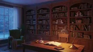 Cozy Study Room Ambience 📚❄️ Large Bookshelf & Snowy Window | 1 Hour Lofi