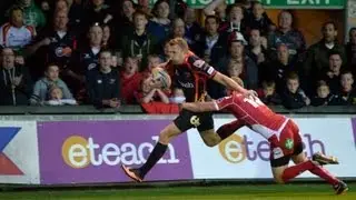 Rhys Priestland Try saving tackle Newport Gwent Dragons v Scarlets 20th Sept 2013