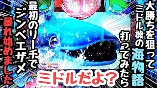 大勝ちを狙ってミドル機の海物語を打ったら1発目のリーチでジンベエザメが暴れ始めました。【Pスーパー海物語 IN 沖縄5 夜桜超旋風】