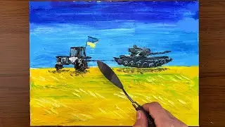 Ukranian Tractor Towing a Russian Tank / Acrylic Painting