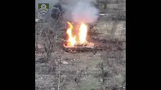 Drone drops Granade into Tank - Explosion and Fire Ukraine Russia War 2023