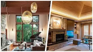 75 Wood Ceiling Living Space With A Stacked Stone Fireplace Design Ideas You'll Love 🏡