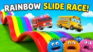 Learn Colors with Street Vehicles on Rainbow Slide!🌈 Fire Truck, School Bus & Garbage Truck for Kids