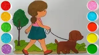 Girl Walking A Dog Drawing & Coloring for Kids and Toddlers_ Easy Art