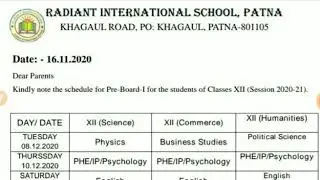 Radiant International School|Class 12th Preboards -I schedule|