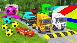 Flatbed Trailer McQueen Transportation with Truck | Speedbumps vs Cars vs Train  | BeamNG.Drive 05