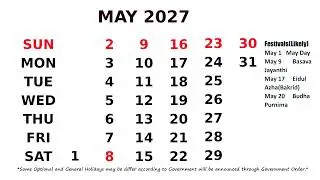 May Calendar 2027
