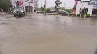 Contractor installing utility pole hits water main flooding Yale Street at Center Street, city says