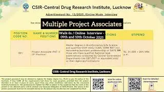 Project Associate positions, @CSIR - Central Drug Research Institute, Lucknow Uttar Pradesh #job 