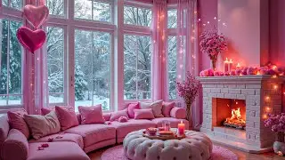 Romantic Valentine Living Room 💖 Cozy Fireplace, Snowy Window & Soft Piano Music for Relax & Sleep