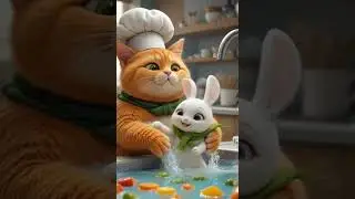 Chubby Orange Chef Cat and Baby Rabbit Cooking  Food #ai #cat #animals #cooking #rabbit #orangecat #