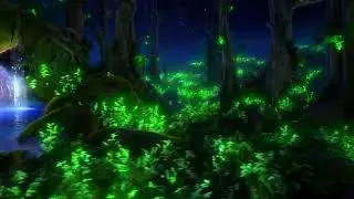 [VideoClipAI] Dense, enchanted forest with bioluminescent plants, a hidden waterfall, ancient trees
