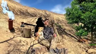 Spring sleepover in a cozy sulvival shelter, morning workout, incenc, Bushcraft
