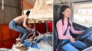 Female Truck Driver Dayeon Hauling Gravel, Securing Heavy Bulk Bags, and Cruising the Long Highway.