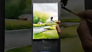  Tutorial water colour scenery painting. Easy water scenery painting. River side scenery.