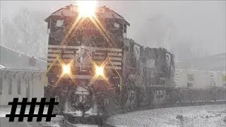 NS Trains in Snow Storm at Tyrone Train Station in PA with Silent Railroad Crossing at PT 222
