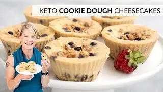 KETO COOKIE DOUGH CHEESESAKES! Easy individual cheesecakes with a chocolate chip cookie crust.