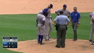 TEX@CWS: Scheppers examined by trainer, styas in