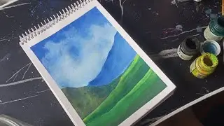 Blue White Clouds Sky Blue Mountain and Green Mountain Grass field Artillery Drawing Watercolour 